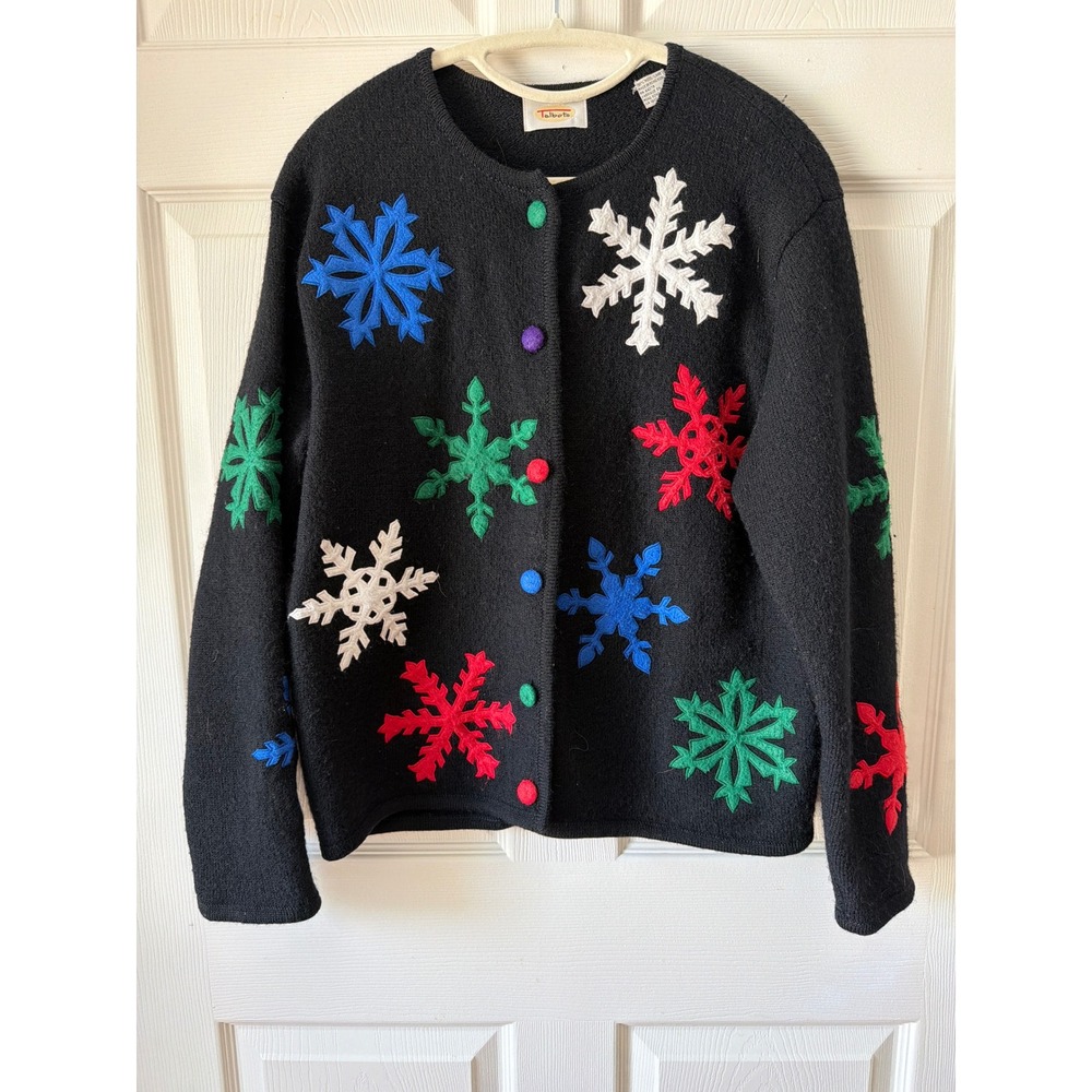 Talbots VTG Y2K Christmas Cardigan Sweater M Black 100% Wool Snowflake Holiday
